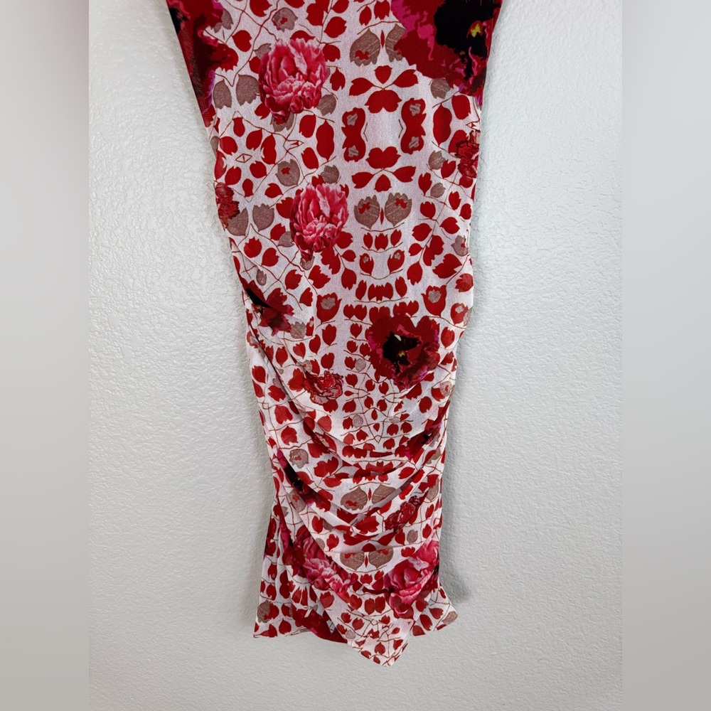 Floral Red Midi Dress - Women's Strapless Bodycon - Picture 13 of 13